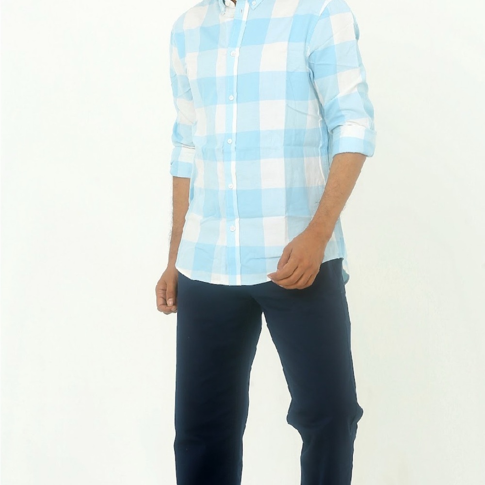 Blue and White Casual Button Down Shirt with Checkered Pattern